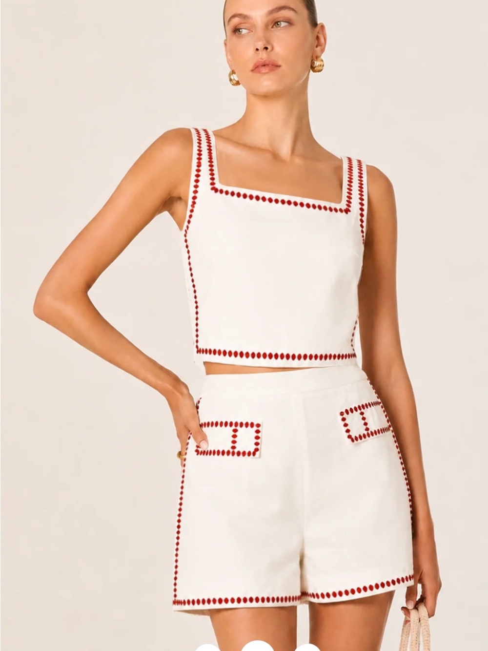 Commense Square-Neck Embroidered Crop Top & Shorts Set - White - Small